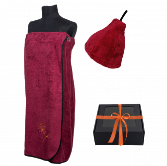 Cadeauset in geschenkdoos voor HAAR. Dames saunahoed en schort - BOURGONDIË
