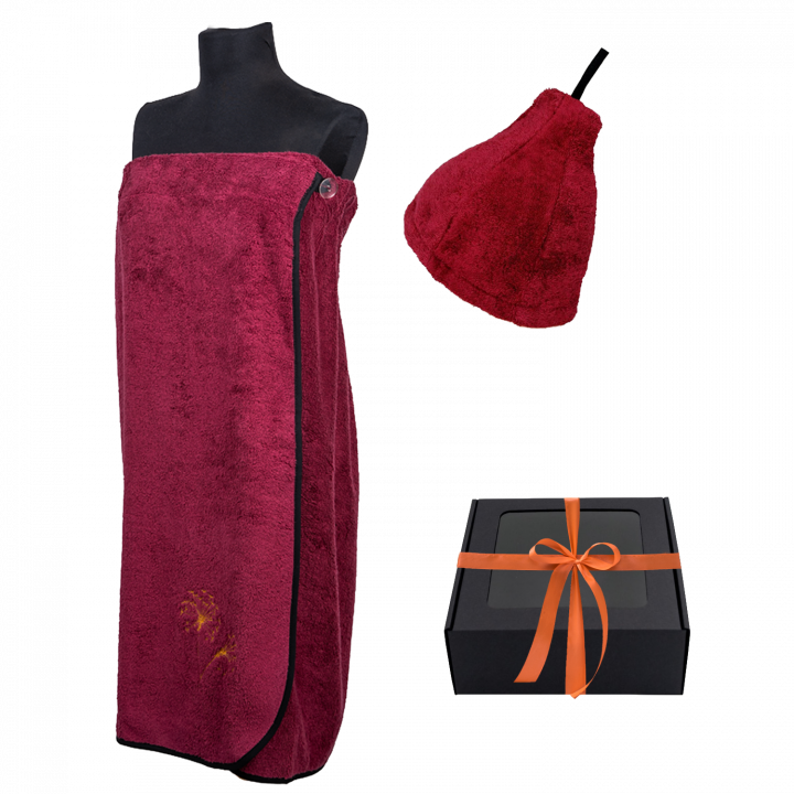 Cadeauset in geschenkdoos voor HAAR. Dames saunahoed en schort - BOURGONDIË