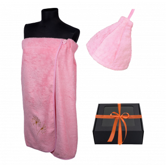 Cadeauset in geschenkdoos voor HAAR. Dames saunahoed en schort - ROZE