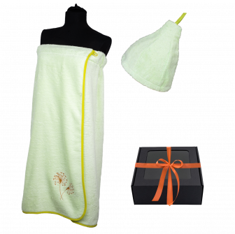 Cadeauset in geschenkdoos voor HAAR. Dames saunahoed en schort LICHTGROEN