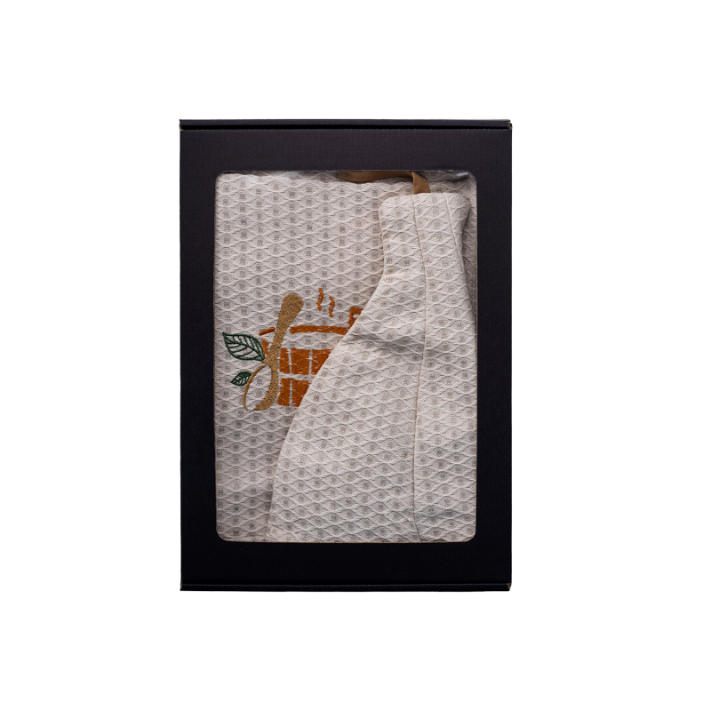 Cadeauset in geschenkdoos voor HEM. Heren saunahoed en schort - LINNEN, geborduurd