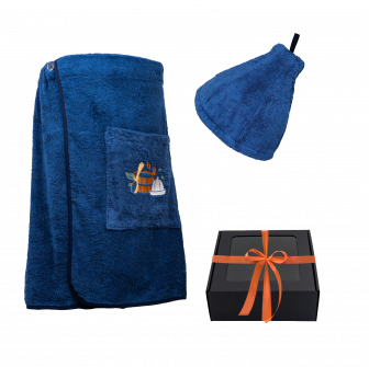Cadeauset in geschenkdoos voor HEM. Heren saunahoed en schort - BLAUW
