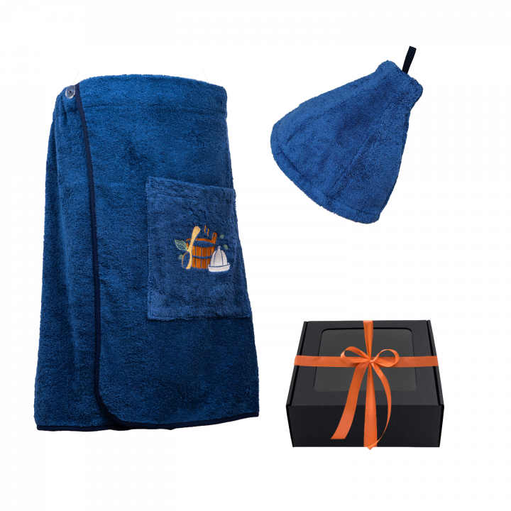 Cadeauset in geschenkdoos voor HEM. Heren saunahoed en schort - BLAUW