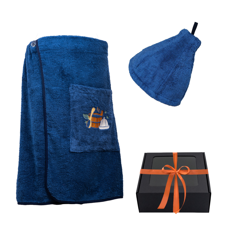 Cadeauset in geschenkdoos voor HEM. Heren saunahoed en schort - BLAUW