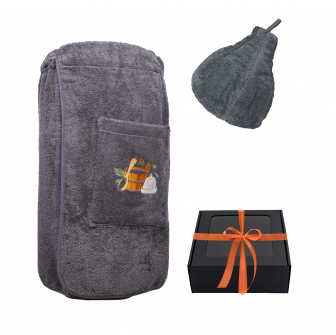 Cadeauset in geschenkdoos voor HEM. Heren saunahoed en schort - GRIJS