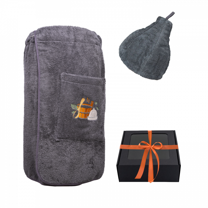 Cadeauset in geschenkdoos voor HEM. Heren saunahoed en schort - GRIJS