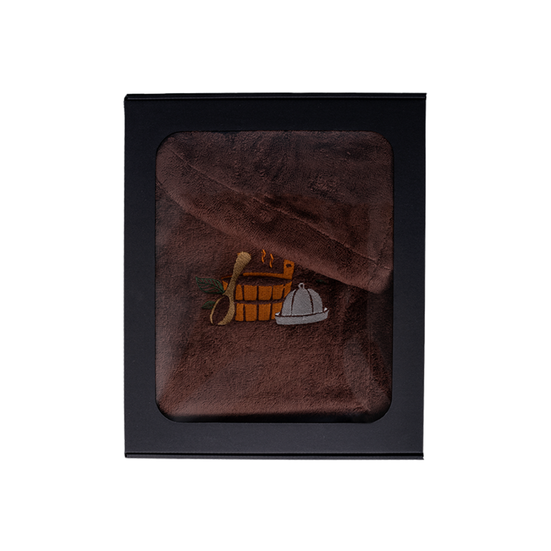 Cadeauset in geschenkdoos voor HEM. Heren saunahoed en schort - BRUIN