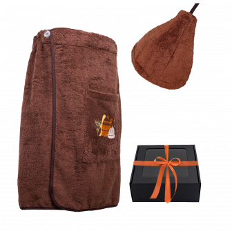 Cadeauset in geschenkdoos voor HEM. Heren saunahoed en schort - BRUIN