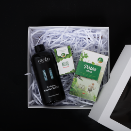 Cadeauset in geschenkdoos SEQUENTIE VAN SAUNA. Thee, etherische olie en geuressence.  Cadeauset in geschenkdoos SEQUENTIE VAN SAUNA. Thee, etherische olie en geuressence.