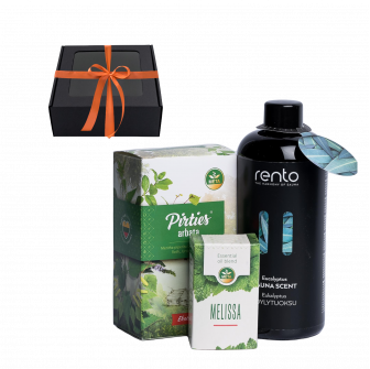 Cadeauset in een geschenkdoos: SCENTS OF SAUNA. Thee, etherische olie en geuressence.