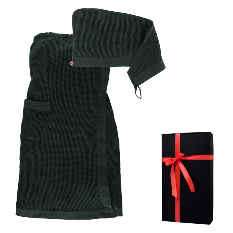 Cadeauset in een geschenkdoos RENTO KENNO FOR HER. Haarhanddoek en schort, donkergroen