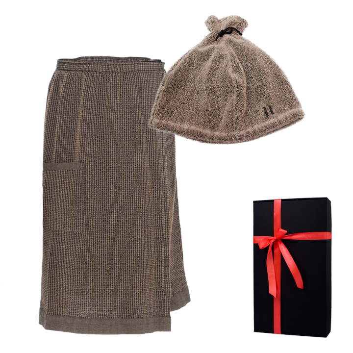 Cadeauset in geschenkdoos RENTO KENNO VOOR HEM. Saunahoed en schort, bruin