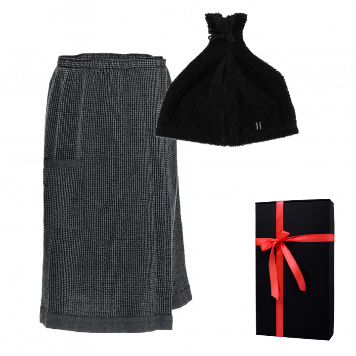 Cadeauset in geschenkdoos RENTO KENNO VOOR HEM. Saunahoed en schort, donkergrijs/zwart.