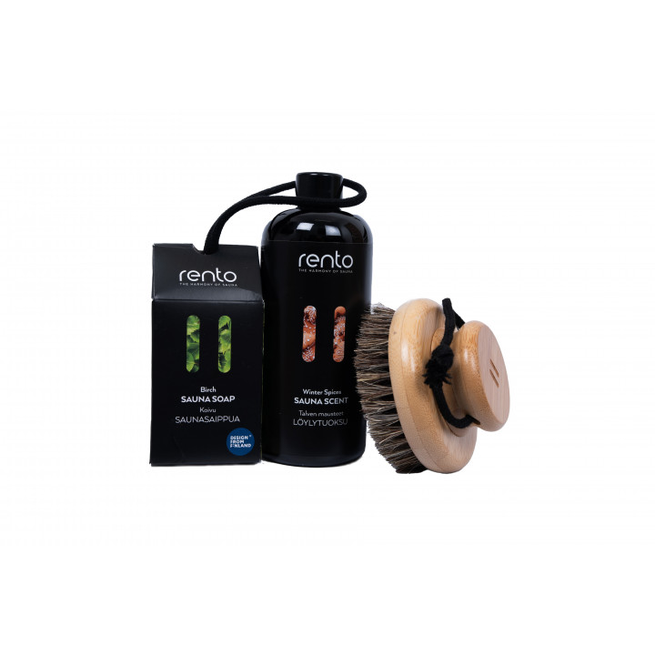 Cadeauset in geschenkdoos WINTER SPICES. Geuressence, body brush en zeep.