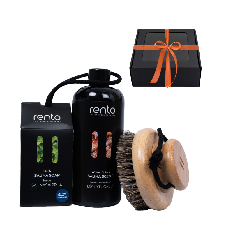 Cadeauset in geschenkdoos WINTER SPICES. Geuressence, body brush en zeep.