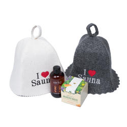 Geschenkset I LOVE SAUNA in een geschenkdoos. Saunahoeden, massageolie en honing  Geschenkset I LOVE SAUNA in een geschenkdoos. Saunahoeden, massageolie en honing