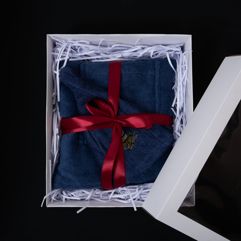 Geschenkset voor Hem - BLAUW, 55x150 cm, in geschenkdoos. Schort en hoed voor sauna