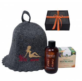 Geschenkset MISS SAUNA in een geschenkdoos. Saunahoed, massageolie en honing