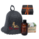 Geschenkset MISS SAUNA in een geschenkdoos. Saunahoed, massageolie en honing