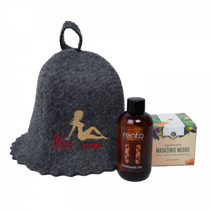 Geschenkset MISS SAUNA in een geschenkdoos. Saunahoed, massageolie en honing