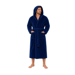 Badjas met capuchon van katoenen velours, blauw 