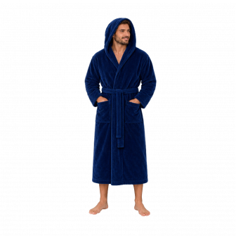 Badjas met capuchon van katoenen velours, blauw