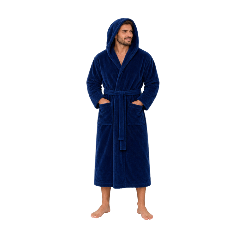 Badjas met capuchon van katoenen velours, blauw
