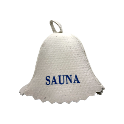 Saunahoed - SAUNA, met blauwe letters 