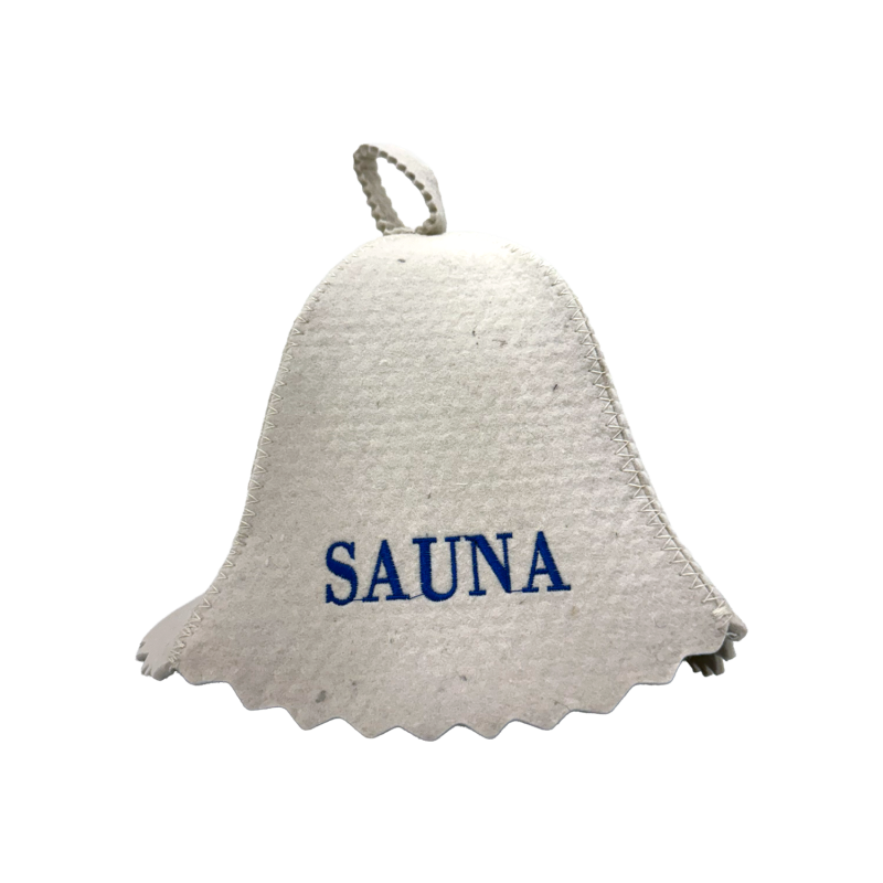 Saunahoed - SAUNA, met blauwe letters