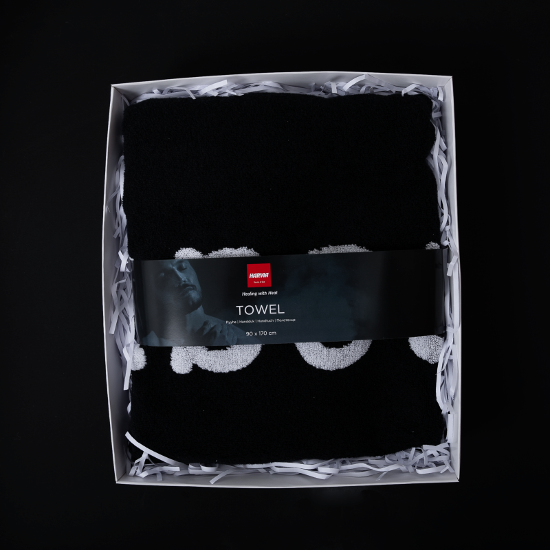 Handdoek HARVIA #healingwithheat in geschenkdoos, 90 x 170 cm, zwart
