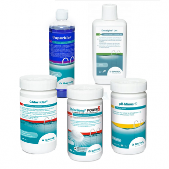 Onderhoudsset voor zwembaden met cartridgefilter, inclusief chloor.